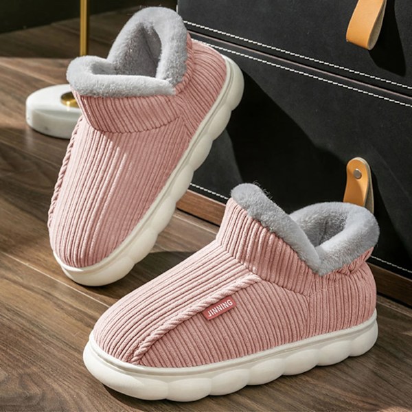 Tjock plattform lurviga tofflor Inomhus utomhus män bomullsskor unisex Håll varm sammet Plysch ankel snöstövlar kvinnor hem tofflor B-Pink 40-41