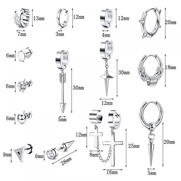 14 par øredobber for menn svart/sølv rustfritt stål mote kors dinglende creoløreringer herre smykkesett