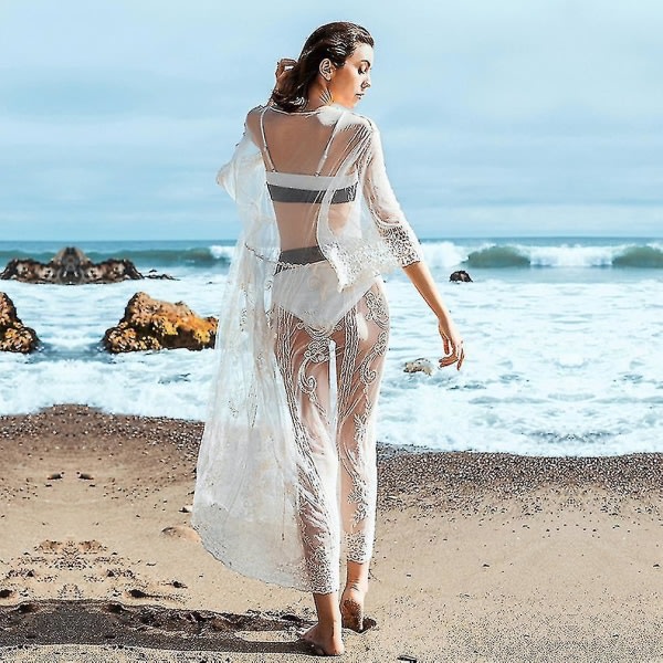 CQBB Hollow Out Kvinnor Kaftan Beachwear Spets Suncreen Bikini Cover Up
