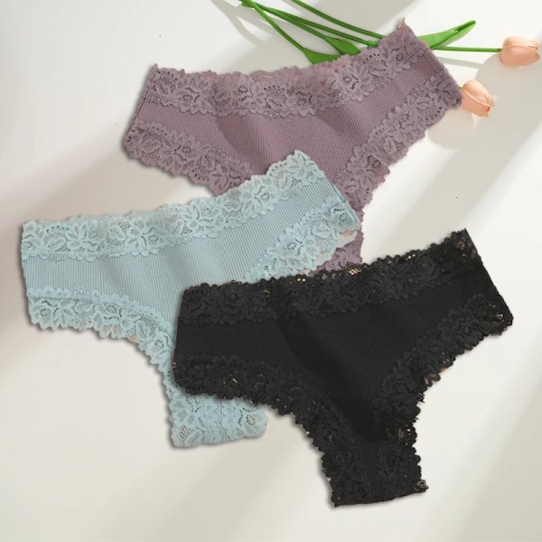 3st/set Bomull brasilianska underkläder för kvinnor Sexiga spetsribbade blomstringtrosor Kvinnliga Andas Solid T-back Bikini S- SET 3 XL