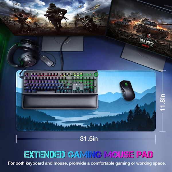 Musemåtte (80,01 × 29,97 × 30,48 cm) Gaming-musemåtte, forlænget musematte, anti-frayede kanter, skridsikker gummibase, vaskbar tastaturmåtte