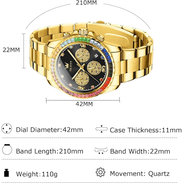 Herremode Armbåndsur Elegant Multifunktionelt Ur Analogt Kvartsur Diamant Rustfrit Stål Armbåndsur Chronograph Lysende Ur Guld Sort Gold black