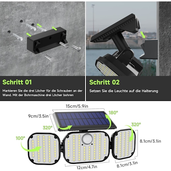 Udendørs Solcellelamper, Solcellebevægelsessensorlamper med Fjernbetjening, 3000lm, 270° Bred Belysningsvinkel Vægl lampe til Have, Garage, Have, Græsplæne 1 piece