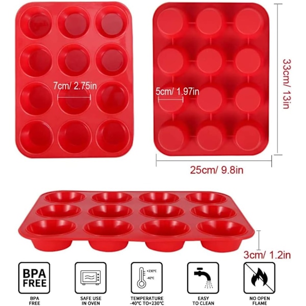 2-pack silikonmuffinsform och cupcakebricka med 12 koppar - Non-stick kakformar/formar, silikonbakform, BPA-fri, semestertillbehör