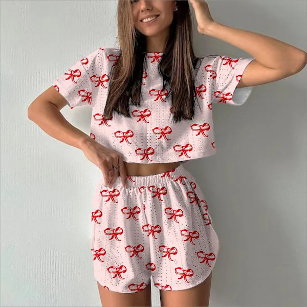 Kvinners Utskrift Pyjamas Set Sommer Casual Kvinners Kort Erme Topper Shorts Sleepwear 2 Bit Set Rund Hals Hem Loungeklær SY038-7 L