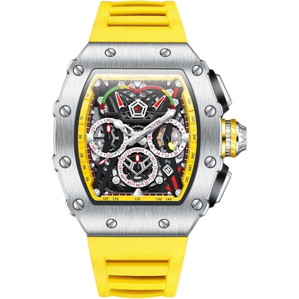 Men's Tonneau Watch Analog Quartz Multifunction Chronograph Fashionable 5 ATM Waterproof Wristwatch with Silicone Strap Silver Yellow