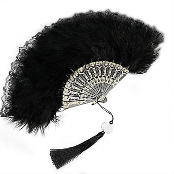 Delikate, fluffy fjærvifter Vintage Sammenleggbar Håndvifte Blonde Vifte med Dusker for Kostymedans Show Presenter Fest Svart Stil V