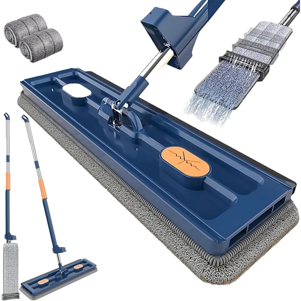 Stor Platt Mopp med 360° Rotationsbar Urvridningsfunktion, Mikrofiberdynor för Hårdträ Blue + 2 rags