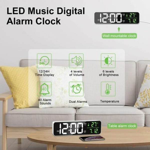 Digital väckarklocka, väggklocka Morgonväckarklocka LED Digital spegel Stor skärm med datumtemperatur, 2 larm, 40