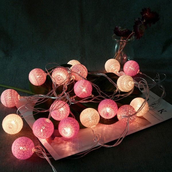 EU-kontakt 220V 3,7m 20 bomullsbollar LED-ljusslinga jul inomhus nattlampa remsa rosa