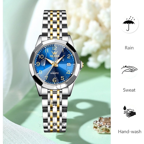 Damer Klassisk Armbåndsur i Rustfritt Stål Elegant Analog Kvartsur Vannresistent Klokker Lysende Dato Kalender Klokker Blå Blue