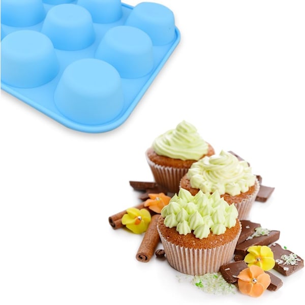 2 stk. 12-kops muffinsform i silikone, non-stick forme, bageform til muffins, kager, æggebidder - blå