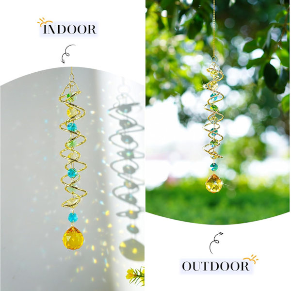 WJ123Glass Gazing Ball Spiraalipyörre Kristallikoristeellinen Tuulikello Aurinkosieppari, 45 cm Sateenkaarentekijä Kaksoisspiraali Keltaisella Kristallilla Yellow Ball Drop Prism