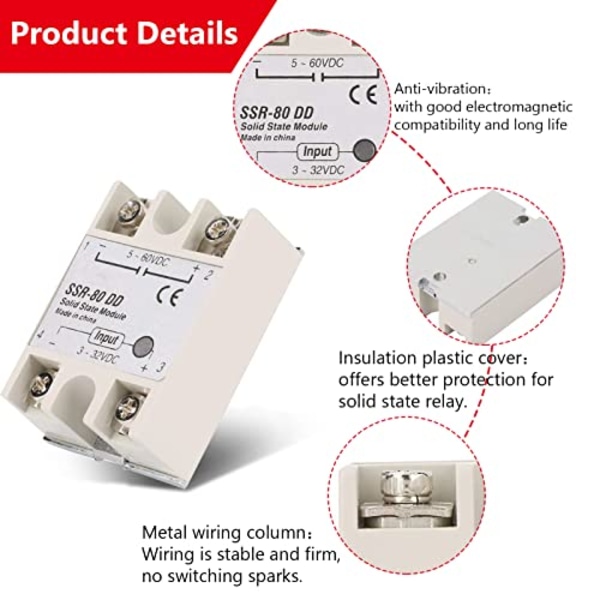 SSR-80DD 3-32VDC till 5-60VDC 80A utström DC-AC Solid State Relay SSR-modul for industriell automatiseringsprosess (1 stk) 1Pc