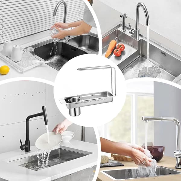 Utbyggbart diskställ i rostfritt stål över diskbänken med bestickhållare, svampförvaring och dräneringsbricka, silver, 31,5-44,5 cm