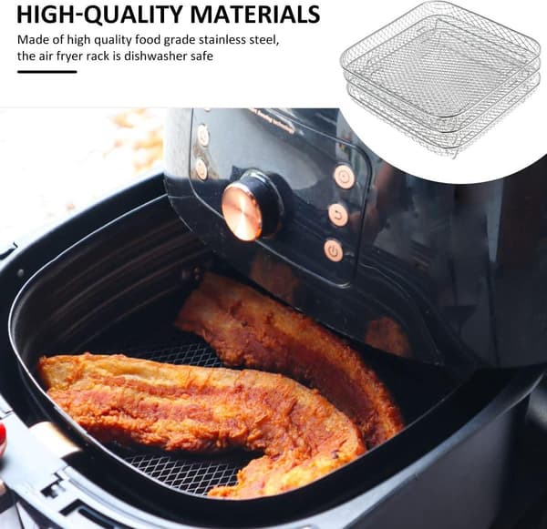 3-lags Airfryer-stativ, Firkantet Grill Dehydrator-stativ, Rustfrit Stål, Stabelbart, med 8 Silikonefødder & Klips
