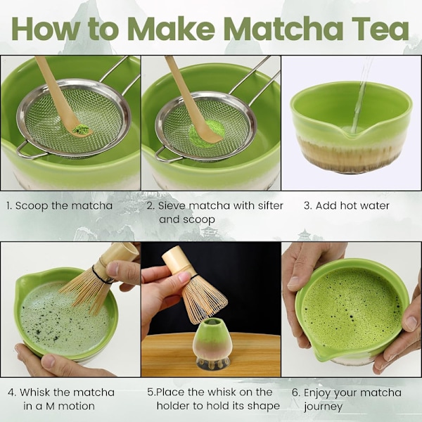 Keramisk teservis, inklusive matchaskål, matcha visphållare och matchavisp, 5-delars set flerfärgad multicolor