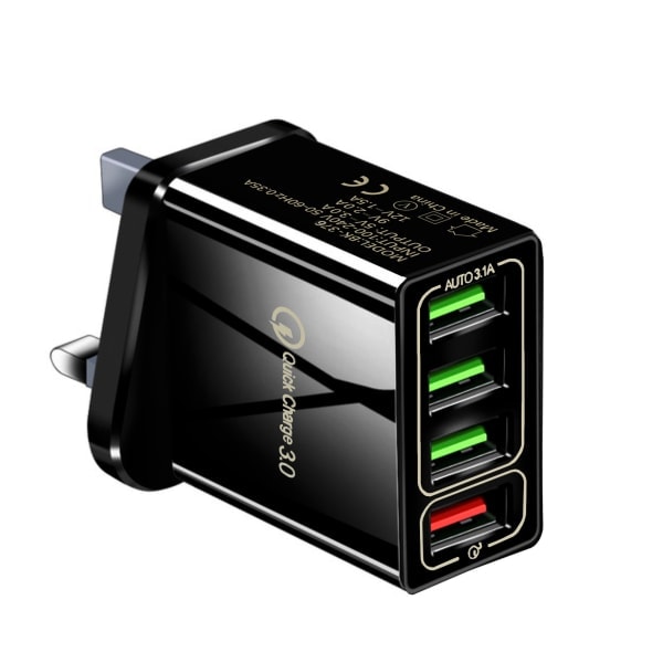 Svart 33W USB-lader QC 3.0 4-porters USB-lader Flere USB-ladere Kompatibel med iPhone 12/13/11/Samsung S22/S21/S20/Xiaomi/Huawei/OPPO/OnePlus et