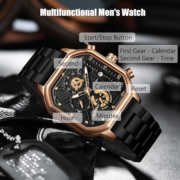 Herre Kvartsklokke Mote Kvadratisk Armbåndsur Lysende Analog Klokke Multifunksjonell Kronograf Klokke Fritid Rustfritt Stål Herreklokke Svart Gull C Black gold C