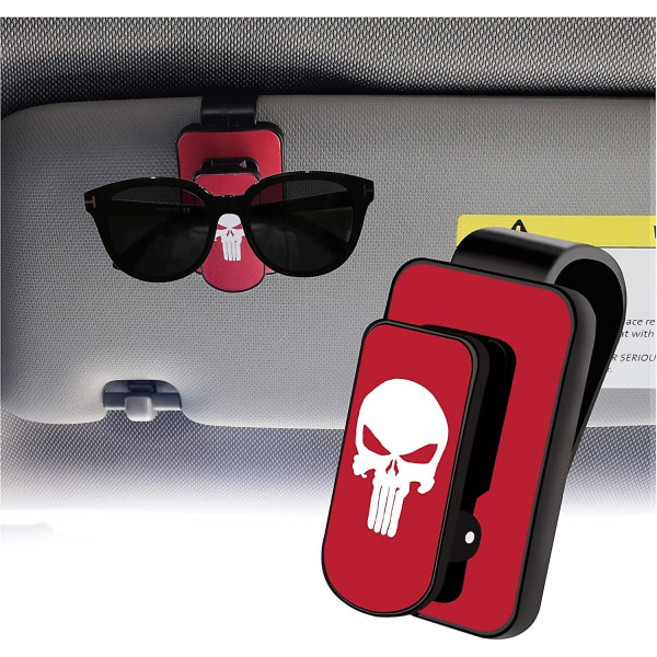 Solglasögonhållare för bilsolskydd, Skull Fashion biltillbehör, multifunktionsbiljettkortklämma för suvbil, svart röd