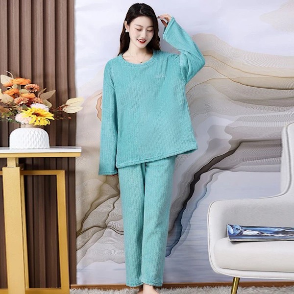 Hösten Vinter Flanell Pyjamas Kvinnors Tvådelade Loose Casual Homewear Nya O-Hals Kvinnors Randiga Korall Fleece Simm Pyjamas B0859-lake XL