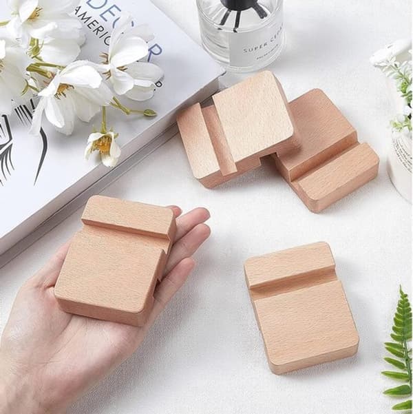 Trætelefon- og tabletstander, kompakt skrivebordsholder til hjem og kontor, 8 x 6 x 2 cm