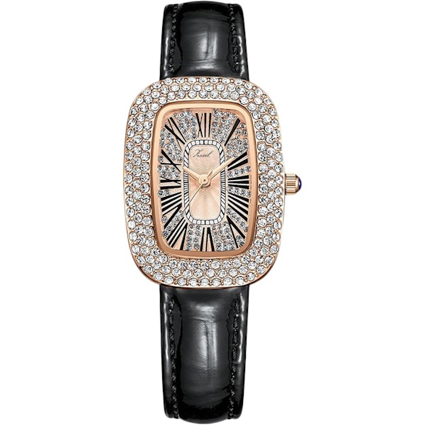 Naisten timanttikello Analog Quartz Rhinestone rannekello Naisten elegantti kello Nahkainen ranneke Vedenkestävä kello Musta Black