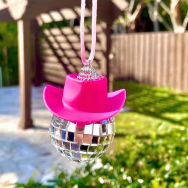 Mini Disco Ball Med Rosa Cowboyhatt Nyckelring Nyckelring Väska Hängen Ornament Dekor