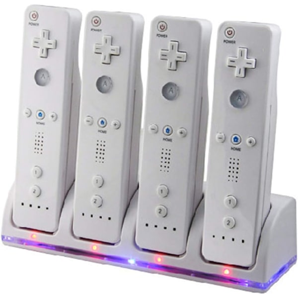 Wii Controller Lade Station, 4 i 1 Controller Lade Dock med 4 stk. 2800mAh Genopladelige Batteripakker til Wii/Wii U Spil Fjernbetjening Hvid White