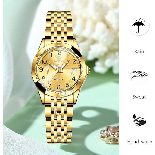 Klassiker Dame Armbåndsur i Rustfritt Stål Elegant Analog Kvartsur Vannresistent Klokker Lysende Dato Kalender Klokker Gull Gold