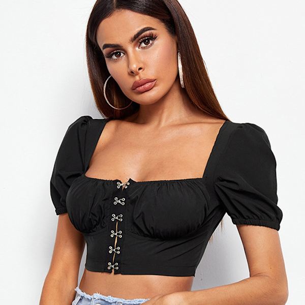 Kvinde Volang Kortærmet Binde Ryg Beskåret Skulderbluse Sort XL black XL