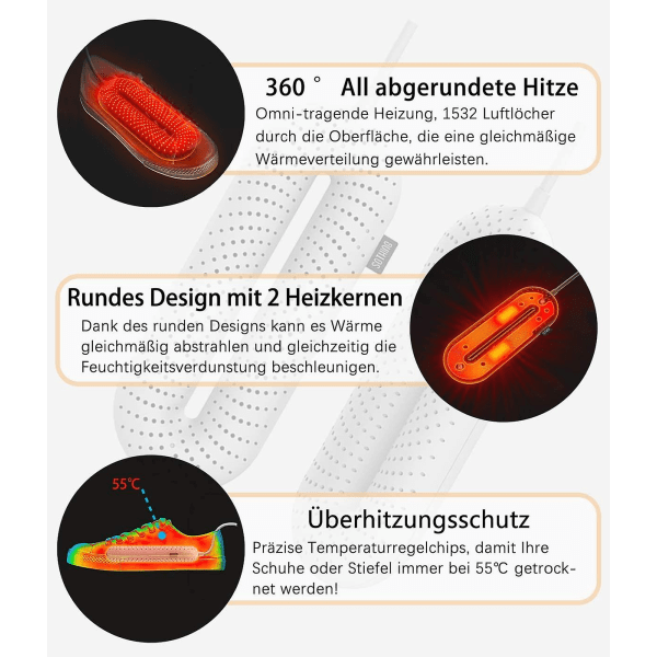 Elektrisk skotork - Stöveltork - Sko- och stövelvärmare - För torkning och eliminering av lukt - Automatisk avstängning (vit