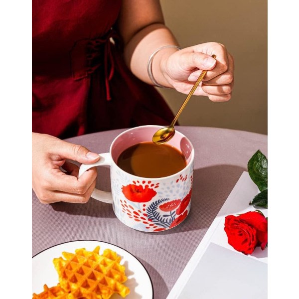 CQBB Keramisk tekopp kaffemugg för kontor och hem, handmålad med handtag, Vintage Flower Blossom Mugg, Diskmaskin Mikrovågssäker, Rosa - 15.8oz