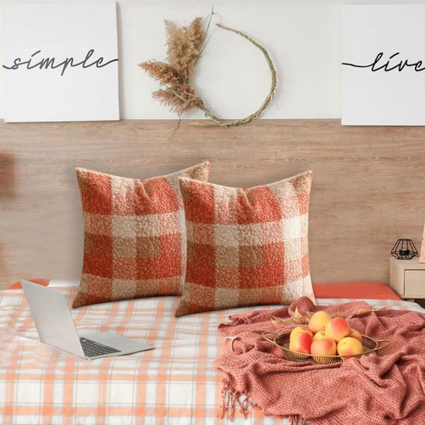 Recitem Set med 2 Orange Rutiga Höst Kuddfodral 45x45cm, Mysig Höstdekoration för Soffa eller Säng