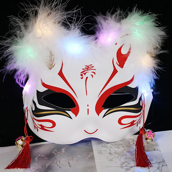 Valaiseva LED-kettumask Japanska Cosplay Vilkkuvat hiilet Tumma silmämaski Rave-asu Anime Puoli kasvot Kissa Maskit naamiaiset Juhlatarvikkeet 12