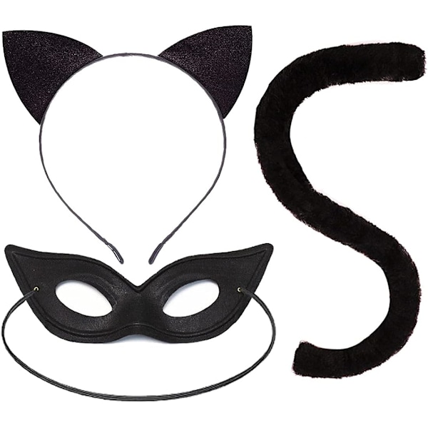Svart kattdräkt med kattöron, svans och maskeradmask för kvinnor
