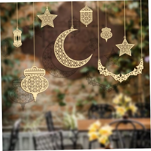 Trehengende pynt, hengende eid mubarak, tredekorasjoner for eid mubarak hjemmefestdekor, utlånt treheng 8st-Abcdefhi