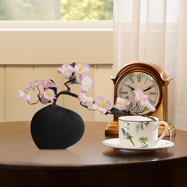 Keramisk blomkruka – geometrisk formarrangemang, vit dekorativ kruka för mantel, bokhylla Svart vas + rosa körsbärsblommor