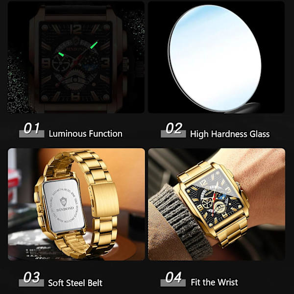 Rektangulære Herreur Fashion Analog Kvarts Armbåndsur Mænd Business Vandafvisende Ure Lysende Rustfrit Stål Armbånd Til Mænd Guld Sort B Gold Black B