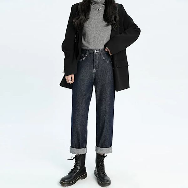 FINORD Korkean vyötärön rent beige baggy farkut naiset Korealainen syksy farkut street wear Harajuku Vintage talvi suorat farkut musta S Black S
