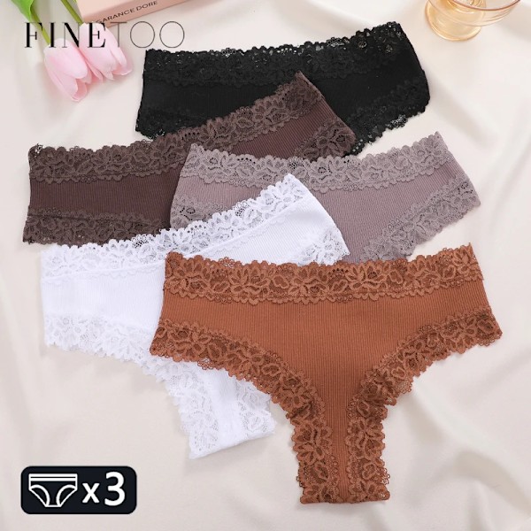 3-pakke bomullsundertøy for kvinner - Sexy blonde ribbestrikket blomstertangatruser - Dame - Pustende - Ensfarget - T-back bikini - S-XL