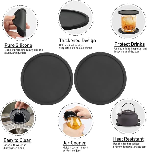 Coasters - 8-delt coaster - Silikone - Rund - Til kopper og coasters - Grydelapper - Sorte coasters - 10×10×0.3cm