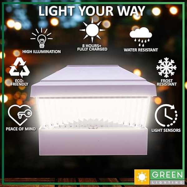 Klassiske solcellelamper for stolpefeste tilpasser seg 5 x 5 pcv/eksterne solenergivinyl for stolpefeste, gjerdestolpe, landskapsarkitektur, hvit