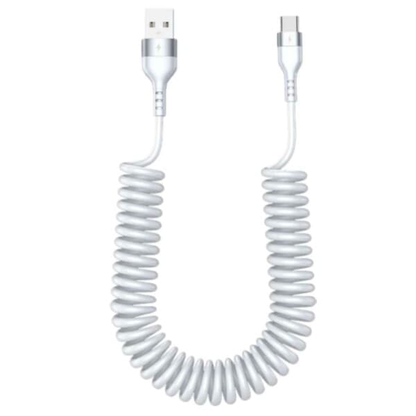 XJ-USB A til USB-C Spiral Kabel 5A Hurtiglading 1,5m Hvit—max