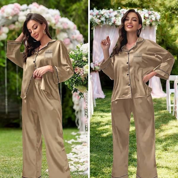 Naisten silkkiset pyjamasetit, pitkähihaiset satiini-PJs, mukava yöasu morsiamille Champagne M
