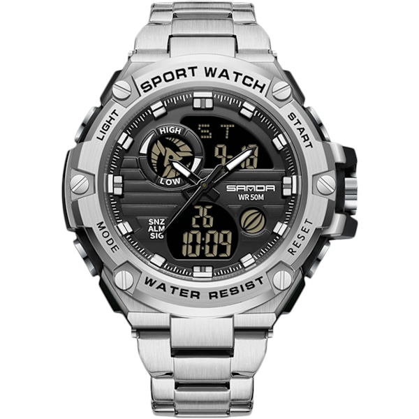 Herrar Dubbel Display Klocka 5 ATM Vattentät Digital Analog Militär Rostfritt Stål Svart Silver C Black silver C