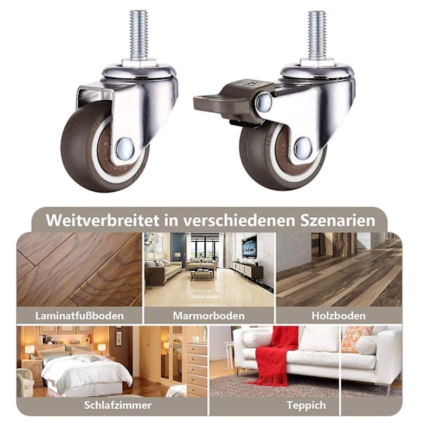 M8 kierteitetty varsipyörä, raskas pyörä käsirattaille, työtasoille, huonekalupyörille, 1,5 tuumaa, kierteiden halkaisija: 8 mm, pituus 20 mm, 2 kpl Wi - Täydellinen