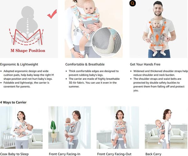 Bæresele, 4-i-1 Ergonomisk Håndfri, for Nyfødte 3-20KG (3-36 Måneder), Stil A