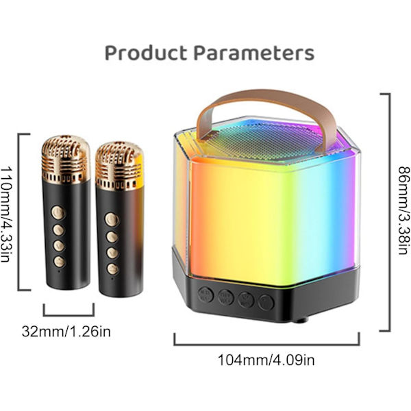 Bærbar Karaoke-maskin | LED-høyttaler med 2 trådløse mikrofoner for fester Black