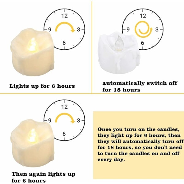 LED-ljus med timer, 12 LED-värmeljus, flamlösa ljus, realistiska vaxflimrande elektriska ljus med CR2032-batterier, automatisk timerfunktion 6 timmar